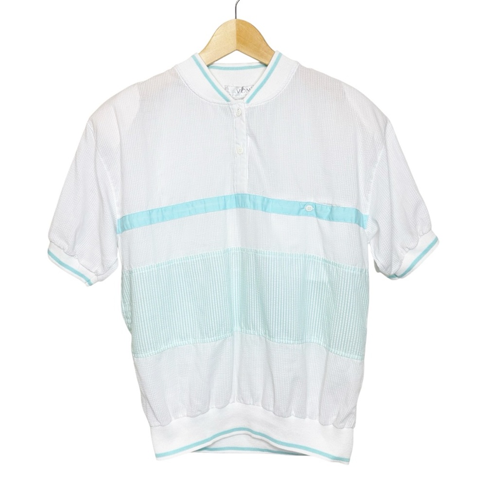 Vintage NWT NOS Lavon Henley Aqua Stripe Textured Top Size Large